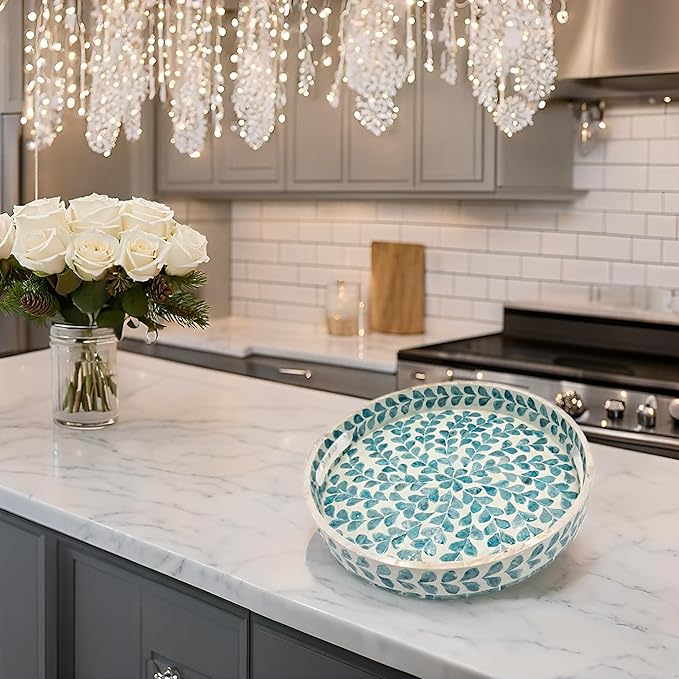 PEMAR 12.6” Mother of Pearl Round Serving Tray with Handles, Decorative Nacred Wooden Ottoman Coffee Table Tray (Teal Floral Pattern)