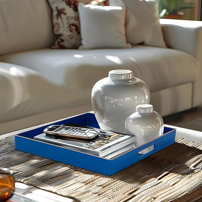 MAONAME Decorative Tray, Royal Blue Serving Tray with Handles, Coffee Table Trays, Square Plastic Trays for Ottoman, Bathroom, Kitchen, 13"x13"x1.57"