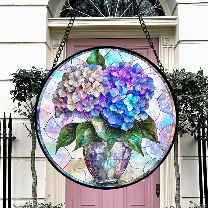 Stained Glass Window Hanging, Blue Purple Hydrangea Flowerpot Suncatcher for Doors Home Sun Catchers Decoration and Christmas, Mother's Day Birthday Gifts for Women, Men, and Mom 7.8 in