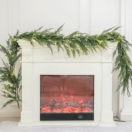 9ft Handmade Christmas Garland with LED String Lights,Cedar Artificial Greenery,Seasonal Garland for Fireplace Winter Holiday Indoor Outdoor Decoration