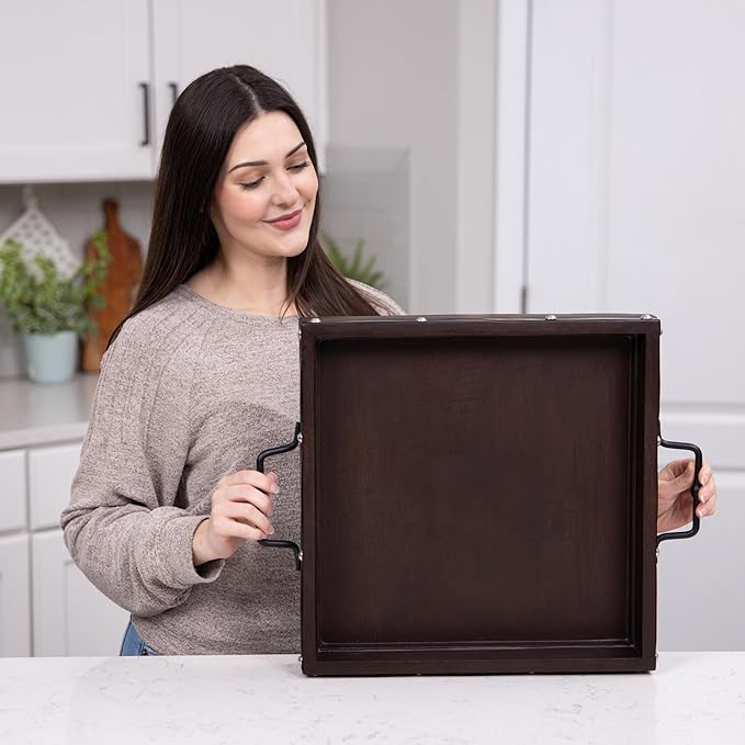 16"x16" Large Square Ottoman Tray, Heavy Duty Mango Wood, for Serving Tea, Breakfast in Bed, Living Room Large Coffee Table Tray Rustic with Farmhouse Style, Decorative Handles and Accent Strap