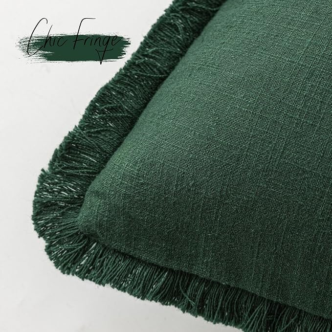 Foindtower Set of 2 Decorative Linen Fringe Throw Pillow Covers Cozy Boho Farmhouse Cushion Cover with Tassels Soft Accent Pillowcase for Couch Sofa Bed Living Room Home Decor, 20×20 Inch, Pine Green