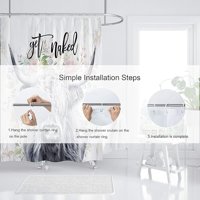 Domoku Highland Cow Shower Curtain Get Naked Shower Curtain Funny Cute Farmhouse Bull Floral Bathroom Curtain Polyester Fabric Waterproof with 12Hooks,72x72 inc