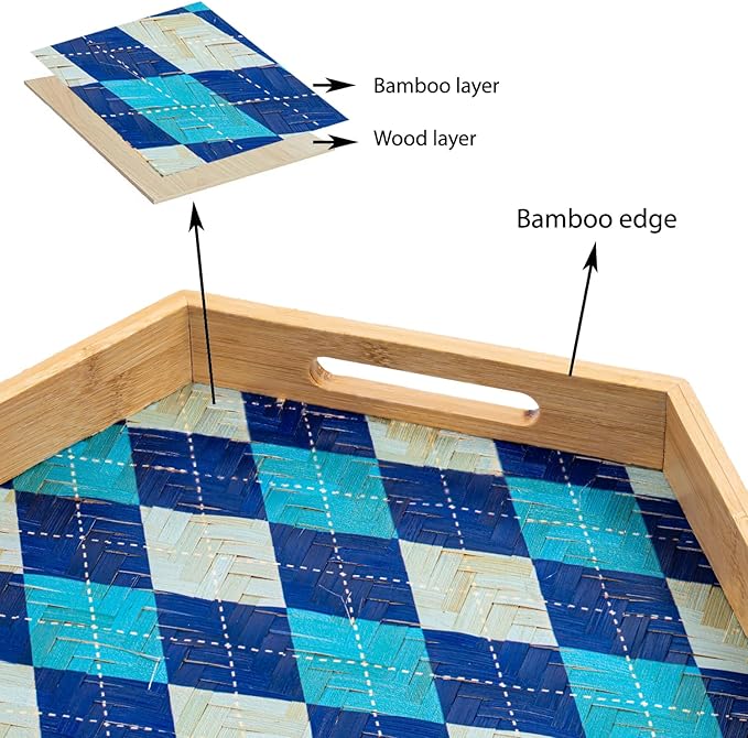 PEMAR 15.7" Hexagonal Bamboo Tray for Serving Coffee, Breakfast, Bread, Food, Art Decor. Decorative Pattern Tray for Coffee Table, Kitchen Counter, Vanity, Bedroom, Ottoman, Home Decor (Argyle)