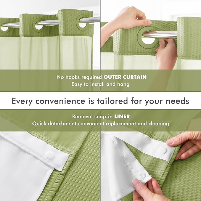 Mrs Awesome No Hook Shower Curtain with Snap-in Liner, Embossed Waffle Design Fabric Shower Curtain for Bathroom, Soft & Lightweight, 71x74, Sage Green