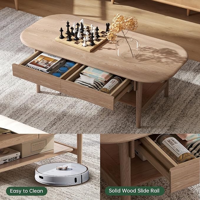 100% Solid Wood Coffee Table for Living Room, 2-Tier Coffee Table with 2 Drawers and Shelf Storage, Mid Century Modern Table for Home (Mandshurica Natural Wood, 47.24''W x 22.05" D x 16.54" H)