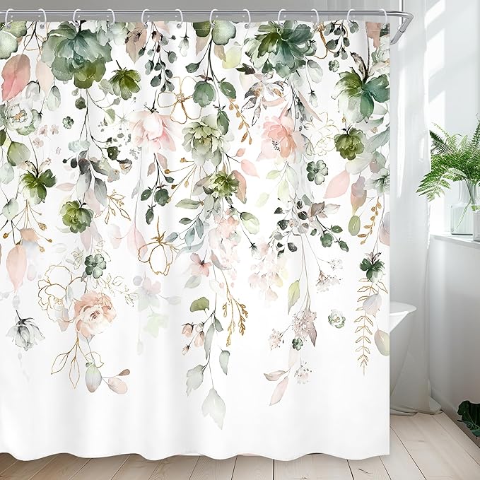 Green Pink Floral Flower Shower Curtain 72Wx72L Inch Spring Summer Rustic Eucalyptus Leaves Pastel Wildflower Plant Botanical Pretty Bathroom Set Bath Curtain Bathtub Accessories Home Decor