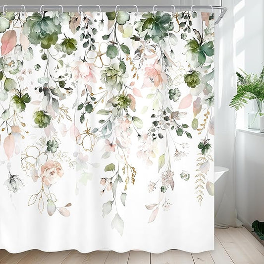 Green Pink Floral Flower Shower Curtain 72Wx72L Inch Spring Summer Rustic Eucalyptus Leaves Pastel Wildflower Plant Botanical Pretty Bathroom Set Bath Curtain Bathtub Accessories Home Decor