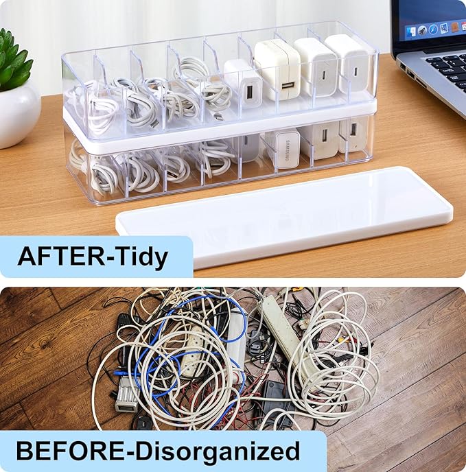 Tatuo 4 Pcs Cable Organizer Box with Wire Ties, Plastic Cord Storage Box with Lid, Electronics Organizer for Home Office Desk Organizers and Accessories (10.79'' X 3.78'' X 1.97'',Clear,White)