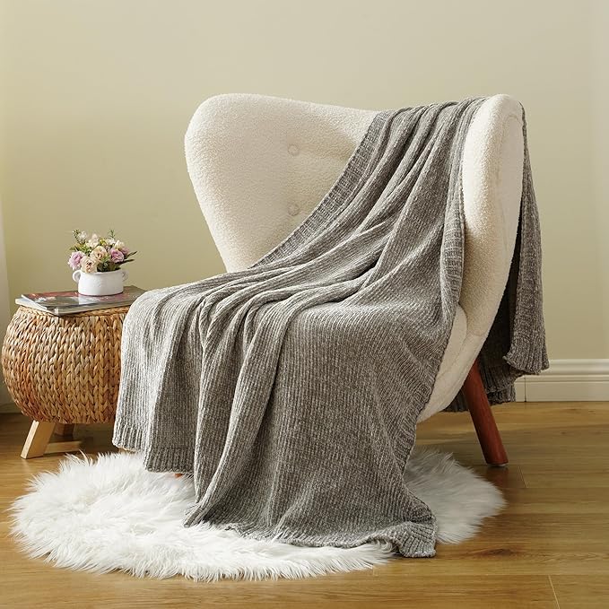 BATTILO HOME Light Grey Throw Blanket for Couch, Soft Knitted Chenille Throw Blanket for Sofa, Chair, Living Room, Cozy Gray Throw Blankets for Bed,51"x67"