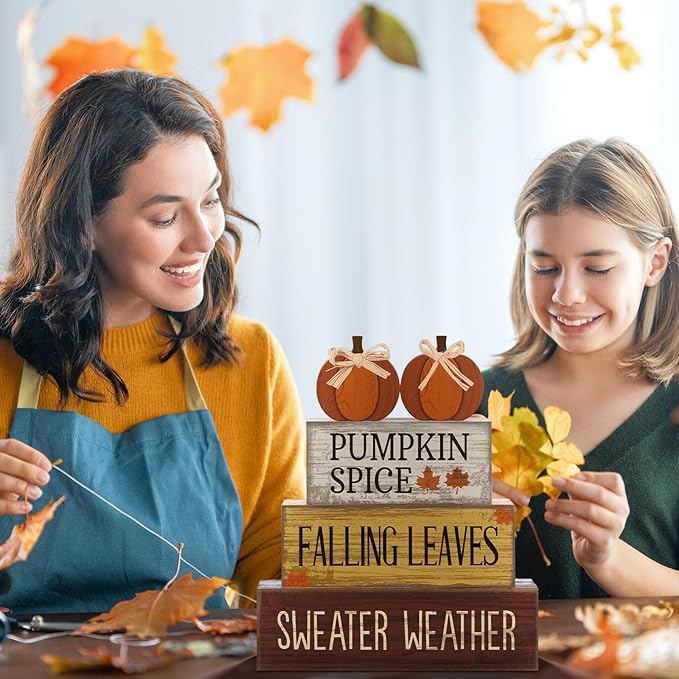 4 Pcs Fall Pumpkin Decor Fall Table Decoration Thanksgiving Tiered Tray Decor Thanksgiving Centerpiece Rustic Decorative Pumpkin Block Sign Gift Farmhouse Autumn Table Sign for Home Kitche