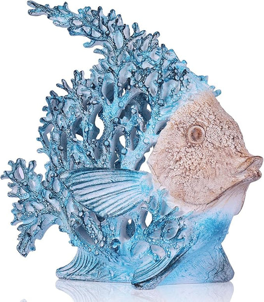 Beach Coastal Decor Turquoise Coral Reef Angelfish Figurines, Modern Nautical Decor Ocean Centerpieces for Living Room, Bathroom, Office, Coffee Table, Beach House, Seaside, Entrance, Shelf Decorative