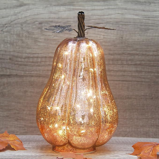 Mercury Glass Pumpkin Lights with Timer, Battery Operated Led Pumpkin Lights for Halloween Fall,Thanksgiving Rustic Decor (Rosegold Leafy, 11")