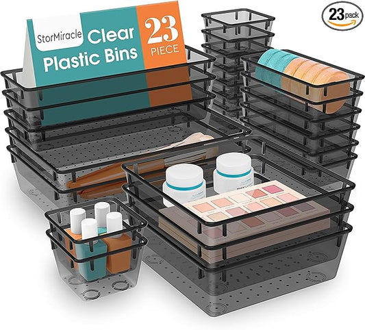 23 PCS Drawer Organizer Set, 5 Varied Size Bathroom and kitchen Drawer cabinet organizer Trays, Clear Storage Bins for Makeup, Jewelry, Utensils and Gadgets, Black