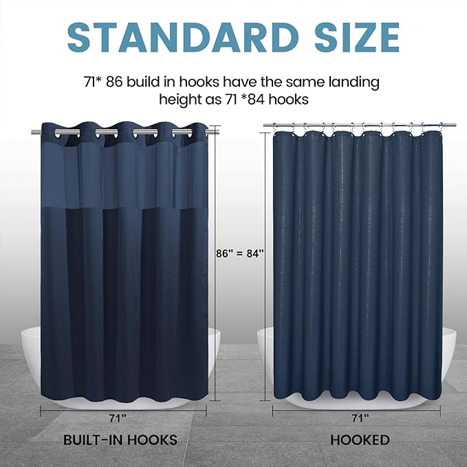 Navy Blue Long No Hook Shower Curtain with Snap in Liner,230GSM Waffle Weave Shower Curtains for Bathroom,71W x 86H