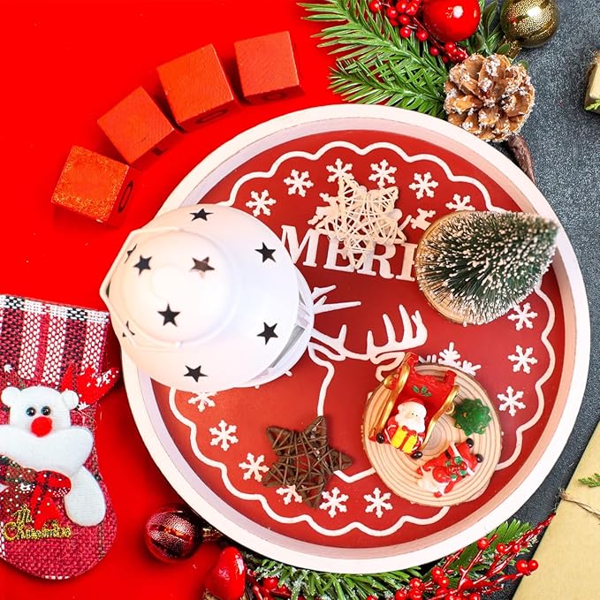 Christmas Reindeer Wood Decorative Ottoman Tray for Coffee Table Kitchen Counter, Living Room, Round Handcrafted Red Wooden Serving Tray for Table Centerpiece