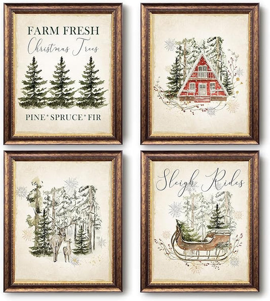 ETVISO Vintage Christmas Wall Decor Prints, Retro Christmas Tree Pictures Wall Art Decorations for Living Room Bedroom Kitchen Bathroom Office, Winter Holidays Gift Poster Set of 4 (8x10 Unframed)