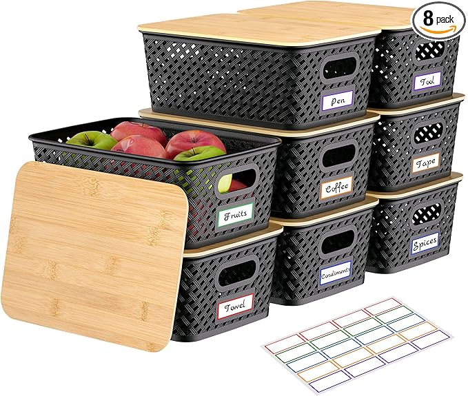 8 Packs Plastic Storage Bins with Bamboo Lids - Stackable Storage Bins Decorative Small Basket Containers for Organizing Shelves Office Classroom Desktop Closet, Black