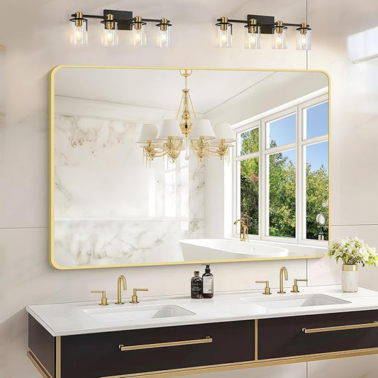 36"x48" Bathroom Mirror, Gold Rectangle Mirror, Large Rectangular Wall Mirror, Rounded Corner Vanity Mirror with Aluminum Metal Frame for Bathroom Bedroom Living Room Horizontal/Vertical