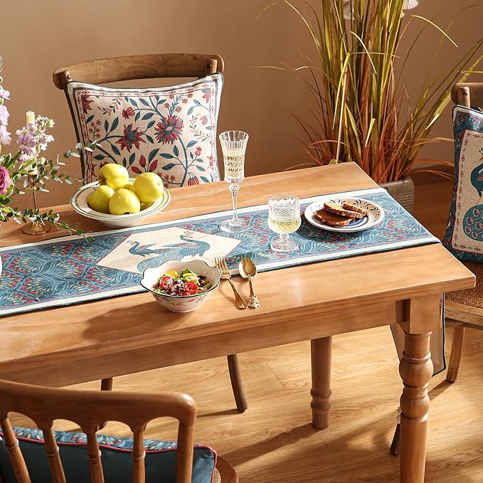 Vintage Blue Peacock Table Runner for Coffee Table,Decorative Linen 71 Inches Long Table Runners,Decor Tabletop for Kitchen,Dining,Tea Party,Home,Christmas,12"*71"