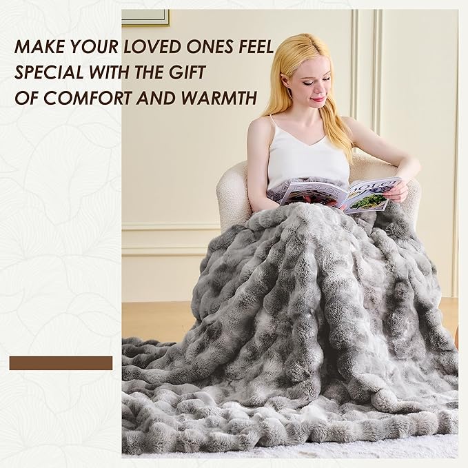 Luxury 1000GSM Faux Rabbit Fur Throw Blanket, Super Heavy Warm Cozy Blankets for Couch Bed Sofa, Bubble Plush Fuzzy Elegant Soft Reversible Mink Blanket for Living Room Bedroom, Tie-dye Grey