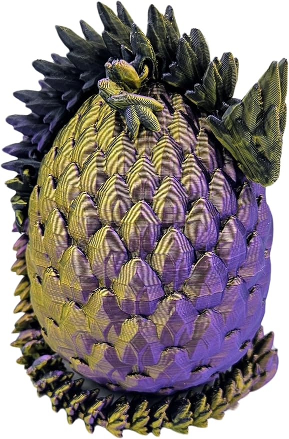 3D Printed Dragon Egg Articulating Gemstone Dragon Fidget Figurine - Vibrant Color Dragons Flexible ADHD, Autism and Anxiety Relief - Articulated Joints (Gold Purple Black)