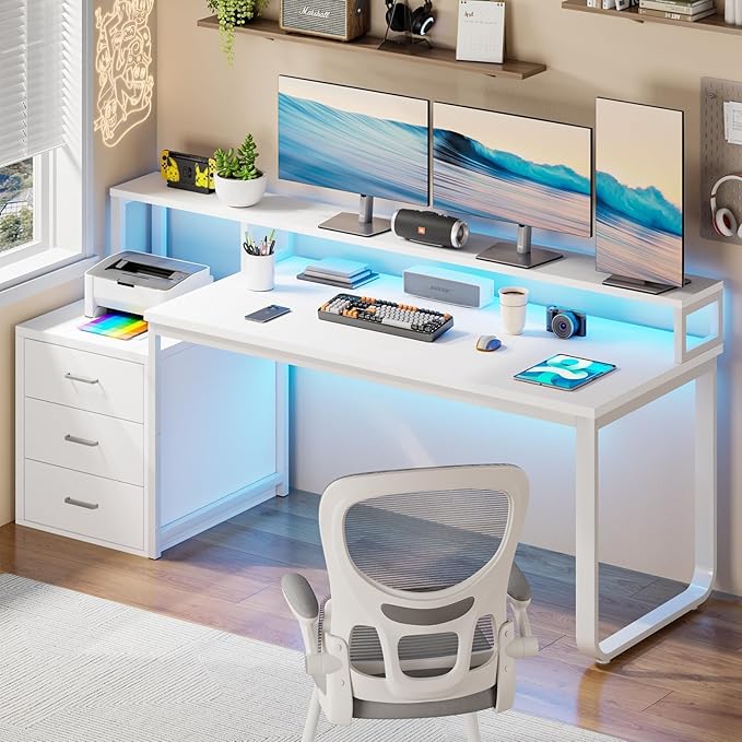 HOMBCK 67" Computer Desk with 3 Drawers, Home Office Desk with Long Monitor Stand and Printer Space, Office Desk with Storage & LED Lights, Writing Desk with Drawers, White