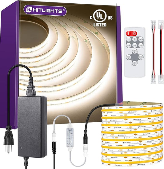 HitLights White COB LED Strip Lights Kit 4000K, Dimmable Tape Light with Remote 12V Power Supply, 2640 LEDs, 426 lm/ft, CRI 90+, UL Listed, Premium Lighting for Kitchen Cabinet Living Room, 16.4ft