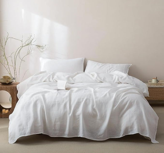 Talasily 100% French Pure Linen Sheets Set King Size,Oeko-TEX Certified Bedding, All-Season Breathable for Hot Sleepers,16 Inch Deep Pocket Machine Washable 4-Piece (White)