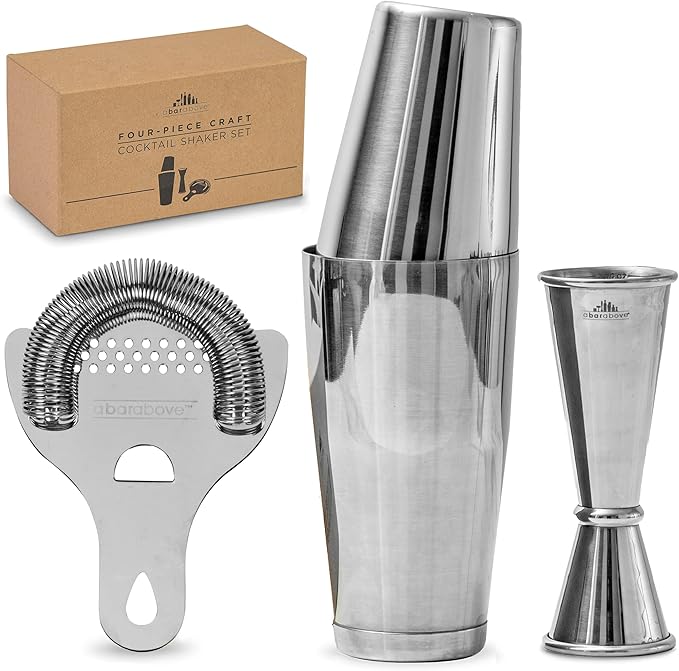 A Bar Above 4-Piece Cocktail Shaker Set for Professional & Home Bar – Premium Bar Kit Gifts Includes Strainer, Japanese Jigger & Boston Shaker Set