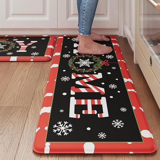 Christmas Joy Winter Snowflake Kitchen Floor Mat, Cushioned Anti Fatigue Kitchen Rug Waterproof Kitchen Rug Sets of 2, Non Slip Comfort Foam Standing Mat for Office Sink Laundry 17x30+17x47inch