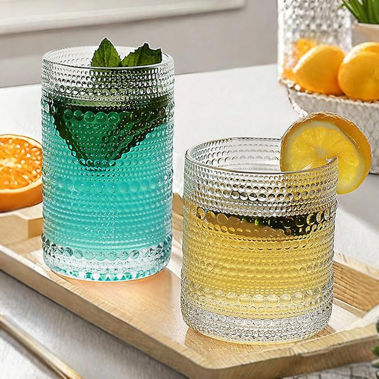 Vintage Hobnail Driinking Glasses Set, Glassware Drinking Set of 8, 12 oz Highball Glasses & 10 oz Cocktail Glasses, Tumbler Glasses for Cocktails, Whiskey, Juice, Milk