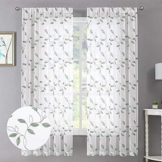 Tollpiz Sage Green Leaf Sheer Curtain Leaves Embroidered Living Room Short Curtains Rod Pocket Voile Window Treatment for Bedroom, 54 x 54 inches Long, Set of 2 Panels