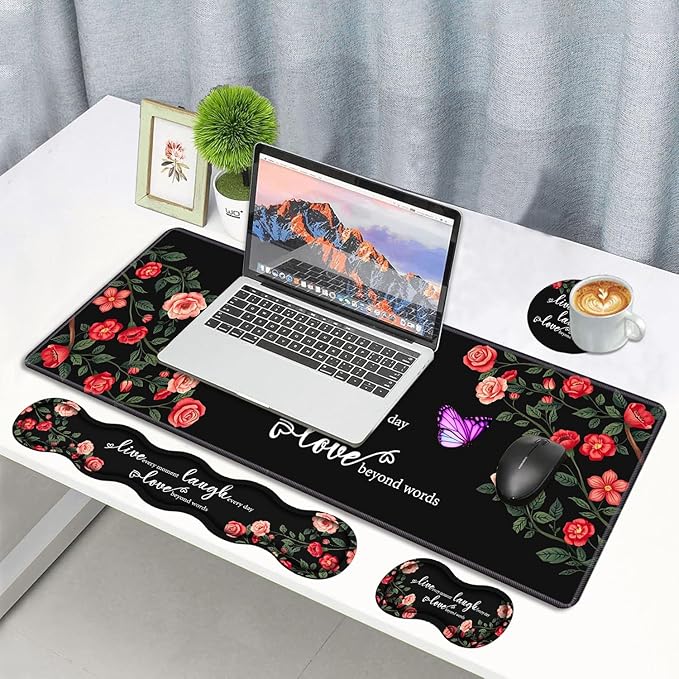 4 in 1 Ergonomic Memory Foam Mouse Pad Wrist Rest Set, Large XXL Gaming Desk Pad + Keyboard Wrist Rest + Mouse Wrist Cushion + Coaster for Home Office Study Gaming, Floral Quotes Live Laugh Love