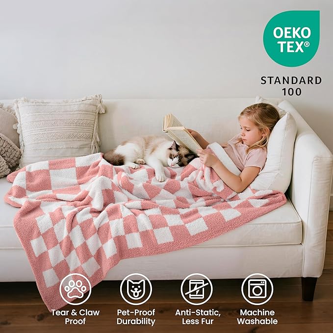 Joiedomi Throw Blanket for Couch, Pink White Checkered Knitted Blankets Gifts for Women Mom Girls, Cozy Cute Soft Throw Home Room Decor Aesthetic Women Mothers Birthday Gifts 50x70 Inches