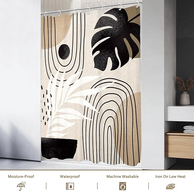 Glawry Boho Mid Century Shower Curtain Small Stall Abstract Black Beige Brown Plant Tropical Palm Leaf Minimalist Bathroom Modern 48Wx72L Inches Bath Accessories Art Home Decor Fabric 8 Pack Hook