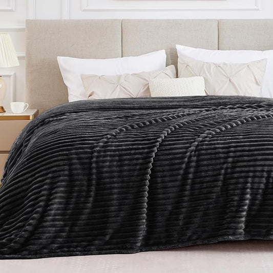 BEDELITE Blankets Queen Size for Bed, 300GSM Soft & Warm Fleece Blanket, Decorative and Giftable Striped Black Blankets for Women, Men, 90"x90"