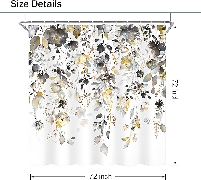 Yellow Grey Floral Shower Curtain 72Wx72L Inch Gray Flower Pastel Rustic Eucalyptus Leaf Watercolor Country Bathroom Set Plant Botanical Bath Curtain Bathtub Accessories Home Decor