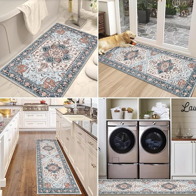 Yamaziot Boho Washable Kitchen Rugs Sets of 3, Non Slip Kitchen Mats for Floor with Rubber Backing, Waterproof & Stain Resistant Thick Carpet Runner Throw Rug for Kitchen, Laundry Room, Hallway