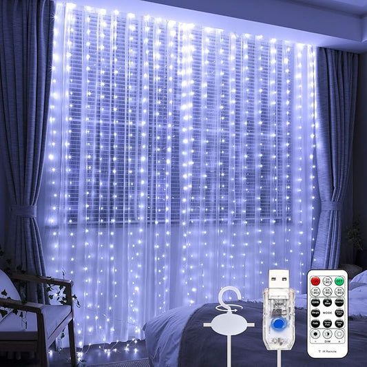 Upgrade 300LED White Curtain Light with Untangled Wires, 9.8ft x 9.8ft Copper Wire String Lights, USB Plug Hanging Window Fairy Lights, 8 Modes & Remote for Home Christmas Wedding Party