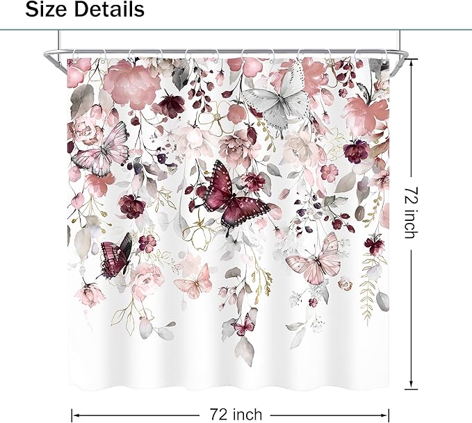 Grey Pink Floral Butterfly Shower Curtain 72Wx72L Inch Spring Summer Plant Natural Gold Green Leaves Botanic Bathroom Set Country Woman Girl Elegant Bath Curtain Bathtub Accessories Home Decor
