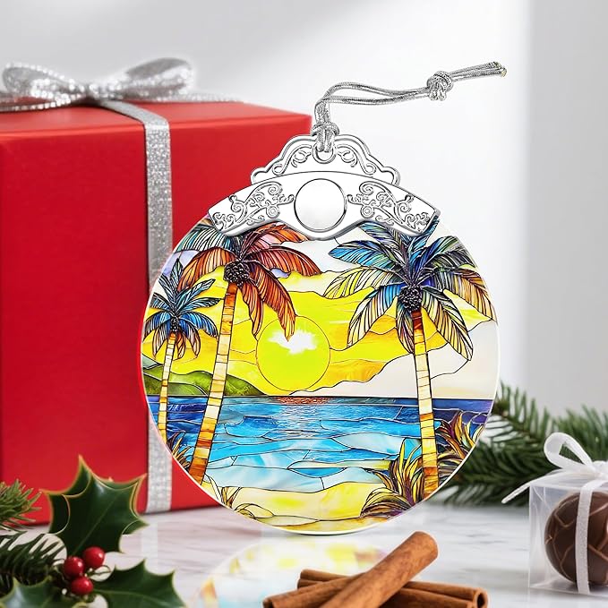 Christmas Ornaments: Stained Glass Ornament, Christmas Tree Ornament, Hanging Ornaments for Home Decor & Xmas Tree Decorations – Exquisite Holiday Decor, Gifts & Holiday Present - Beach Sunset
