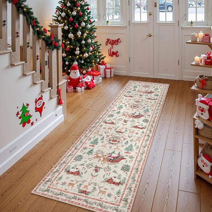 Lahome Christmas Runner Rug 2x8 Beige Rug Runners for Hallways Non Slip,Washable Kitchen Bathroom Runner Rug,Soft Christmas Tree Santa Claus Carpet Runner for Entryway Holiday Decor(2'x8',Beige)