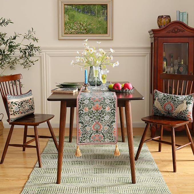 ISAENNE Designer French Green Elegant Linen Table Runner 71 Inches Long,Colorful Flower Pattern Soft Table Runners for Dining Tables,Thanksgiving,Kitchen Tables,Christmas,12"*71"-Naples B