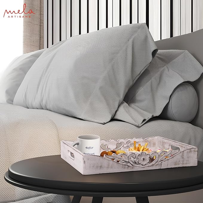 Mela Artisans Distressed White Wooden Decorative Tray with Handles | 16x12x2.5 Mango Wood Ottoman Tray | for Kitchen Countertop | Coffee Table | Snacks | Desserts | Breads | Bedroom Decor