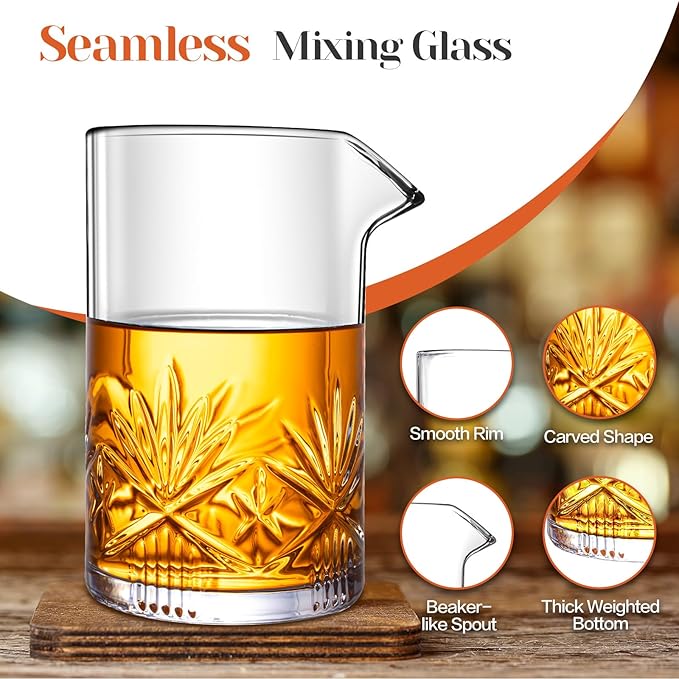 Cocktail Mixing Glass, veecom 18oz Crystal Bartender Kit, 5 Piece Bar Mixing Glass Old Fashioned Cocktail Kit with Strainer, Muddler, Spoon, Jigger, Cocktail Mixer