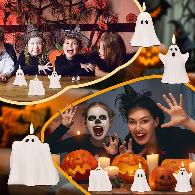 Halloween Flameless Candles with Remote, Real Wax Ghost LED Candles, Flickering Battery Operated Fake Candle, Halloween Decorations for Table,Fireplace, Home, Party, Festival Decor (Set of 3)