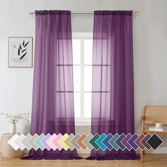 Aiyufeng Plum Purple Sheer Curtains 96 Inches Long 2 Panels, Solid Voile Top Dual Rod Pockets Stylish Breathable Drapes Window Treatment for Kid's Room/Bedroom/Living Room, 42W x 96L inches