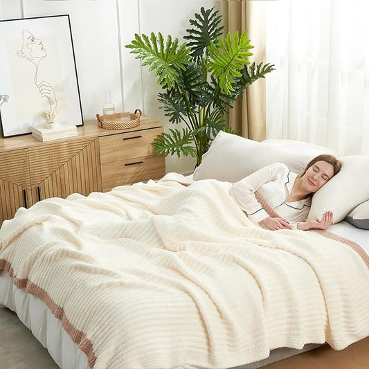 Snuggle Sac Soft King Size Blanket, Cozy Soft Fuzzy Microfiber Knit Stripe Bedding Blankets Bedspread, Cream, 108x90 inches