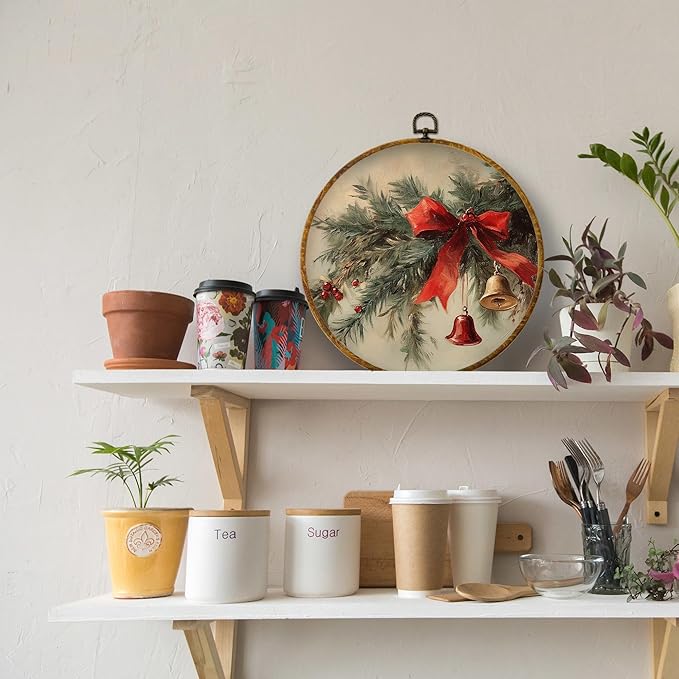 XPH Rustic Christmas Round Wall Art Framed, Winter Coquette Red Bow Bell Botanical Circle Wall Decor, Farmhouse Christmas Hanging Canvas Prints for Home Bedroom Living Room Decoration, 10x10 Inch